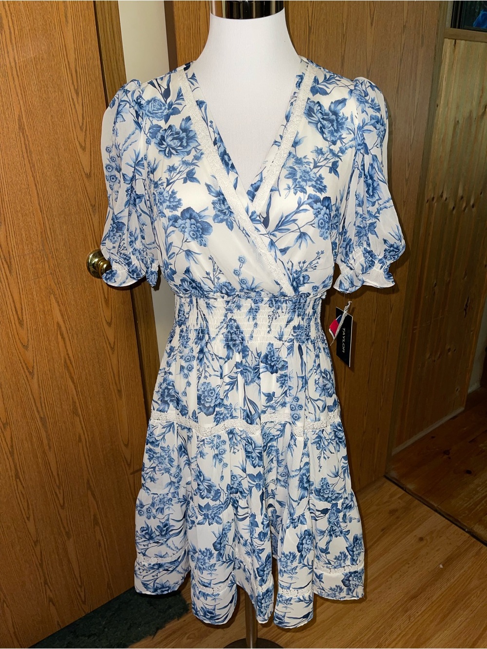 Taylor Blue and White Floral Wrap Midi Dress